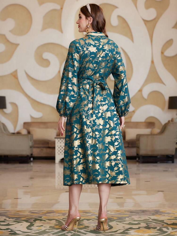 Women's Floral Print Notched Neckline Dress With Cut-Out And Weave Detail, Elegant Luxury Evening Party Style Fall Cloth For Women