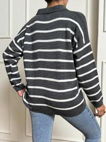 Cloudara Striped Pattern Drop Shoulder Sweater - Dark Grey - View 2