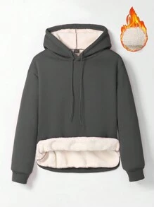 SHEIN LUNE Women's Solid Color Hooded Fleece Sweatshirt With Drawstring - Dark Grey - View 1