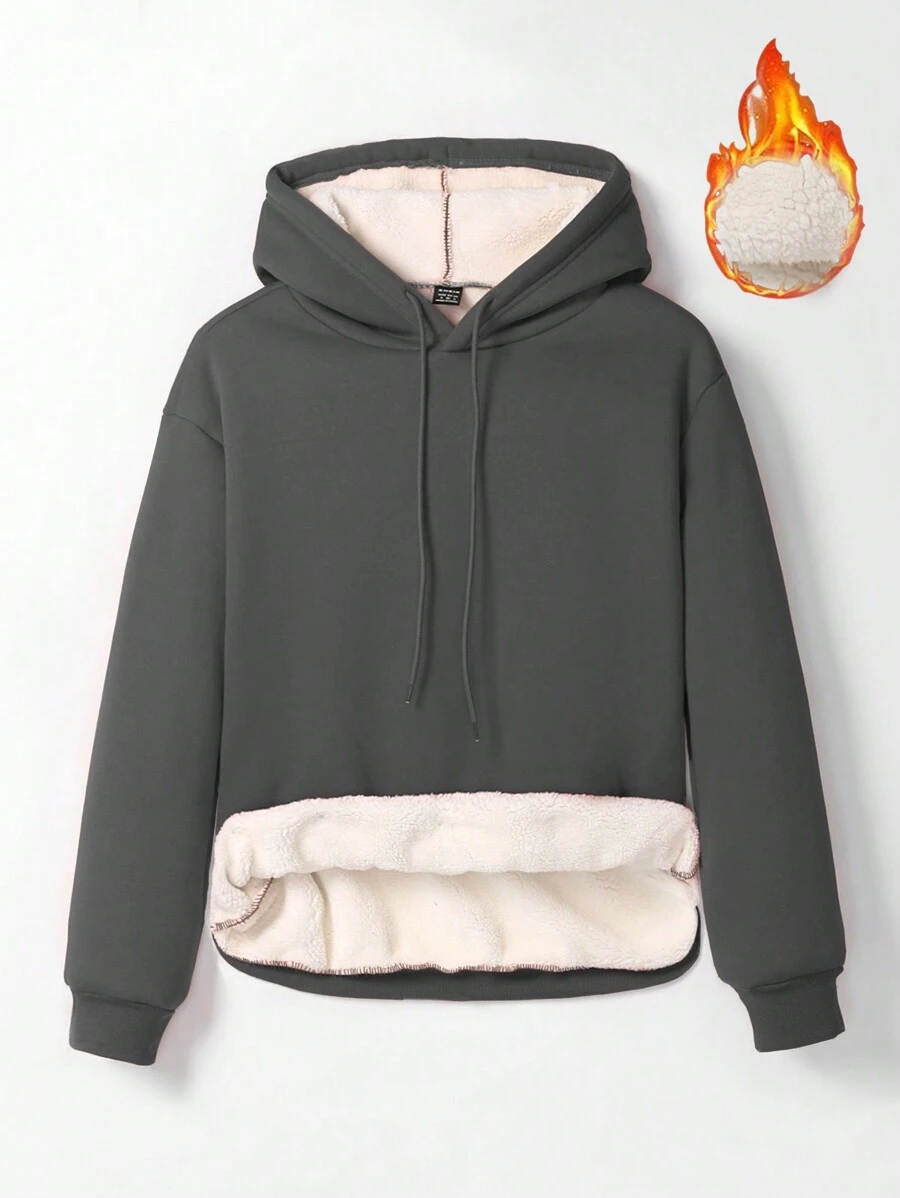 SHEIN LUNE Women's Solid Color Hooded Fleece Sweatshirt With Drawstring - Dark Grey - View 1