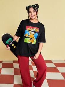 GARFIELD | SHEIN Plus Cartoon Print Drop Shoulder T-Shirt - Black - View 3
