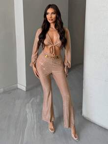 SHEIN SXY V-Neck Self-Tie Blouse And Chain Decor Flared Pants Two Piece Set - Khaki - View 4