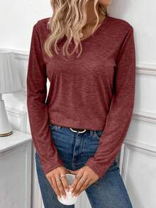 SHEIN Frenchy Embroidered Mesh Panel Back Long Sleeve T-Shirt - Burgundy - View 4