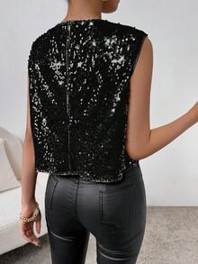 SHEIN Privé 女士圓領閃粉背心 - 黑色 - 查看 2