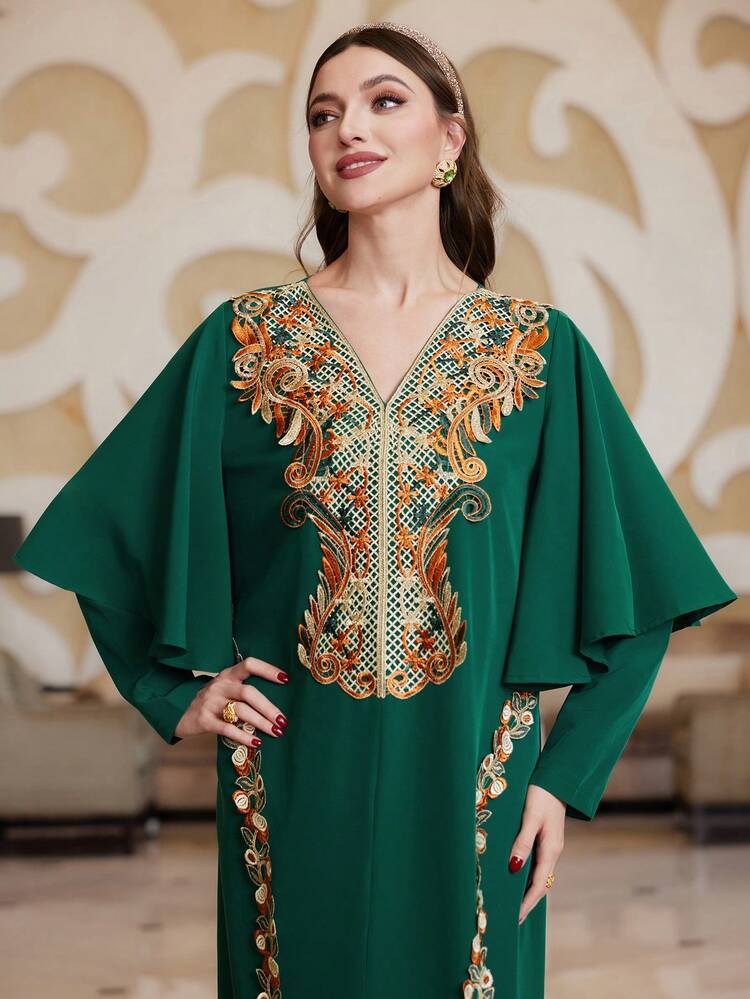 Women'S Floral Embroidery V-Neck Dress Kaftan Eid Dress, Elegant Luxury Evening Party Style