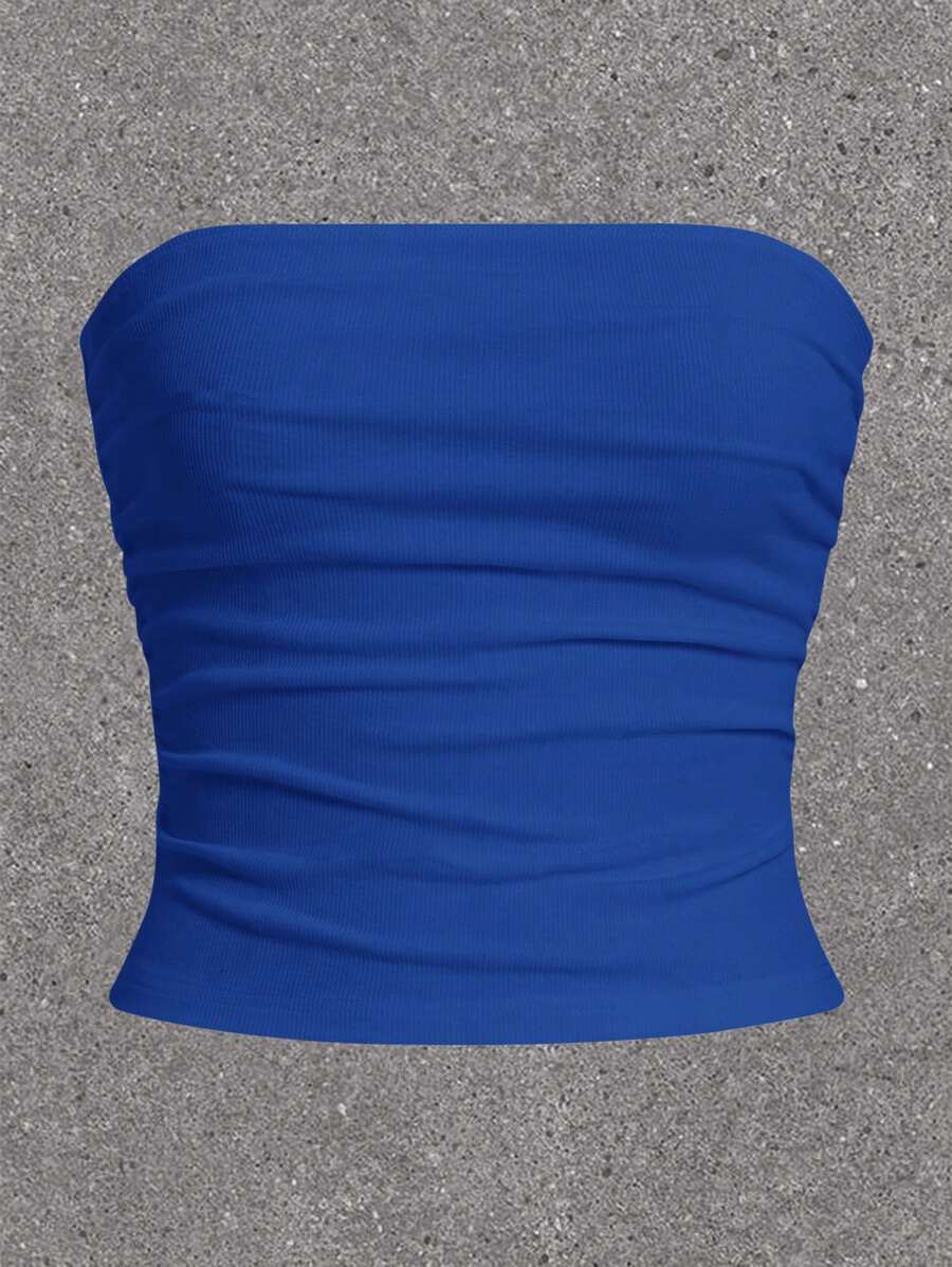 SHEIN EZwear 女性純色打褶彈力無肩帶上衣 - 寶藍色 - 查看 1