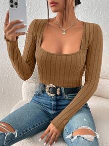 SHEIN Frenchy 方領肋紋長袖t恤 - 駝色 - 查看 6