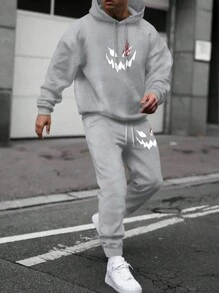 Manfinity 男士情緒圖案印花帶收緊褲帶連帽衫套裝 - 灰色 - 查看 1