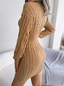 European & American Fashion Waist Cinching Cable Knit Bodycon Dress, Autumn/Winter - Khaki - View 2