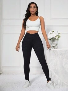 X形十字黑色迷彩高腰v型緊身褲 - 黑色 - 查看 5