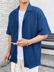 Manfinity Hypemode Nam Nút phía trước Thả vai Ngắn tay Áo sơ mi - Màu xanh lam - Xem 3
