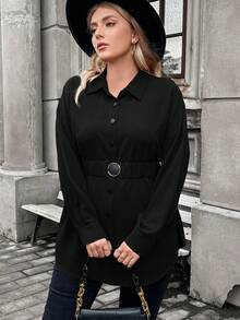 SHEIN Franclia 大尺碼女士純色長袖襯衫 - 黑色 - 查看 3