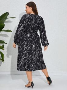 大尺碼女士抽象線條印花荷葉袖連衣裙 - 彩色 - 查看 2