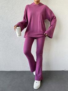 EURMUSE Women's Hooded Ribbed Sweater Two Piece Set With Long Sleeves - Purple - View 3