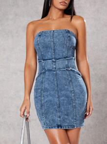 SHEIN BAE Top De Tubo Sexy Y Shorts De Mezclilla Con Borde Crudo Lavado Para Mujeres Y Atuendos De Concierto