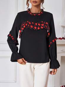 SHEIN Clasi 女士心形印花拼接長袖襯衫 - 黑色 - 查看 5