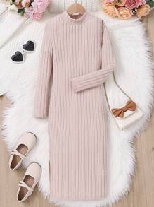 SHEIN 中學生女孩立領長袖連衣裙 - 杏色 - 查看 1