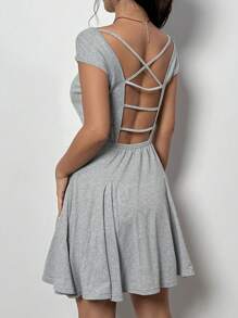 Flirla Women's Square Neckline Bodycon Cross Back Dress - Grey - View 2