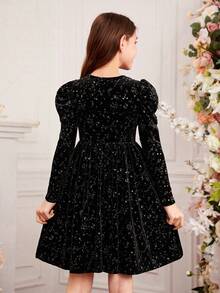 SHEIN Tween Girls' Knitted Starry Sky Pattern Leg Of Mutton Sleeve Fitted Round Neck Casual Dress - Black - View 2