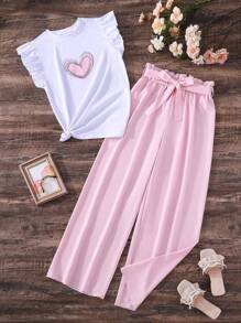Conjunto De Blusa Con Volantes Y Pantalones Con Cintura Fruncida Para Chicas Adolescentes - Rosa vieja - Ver 1
