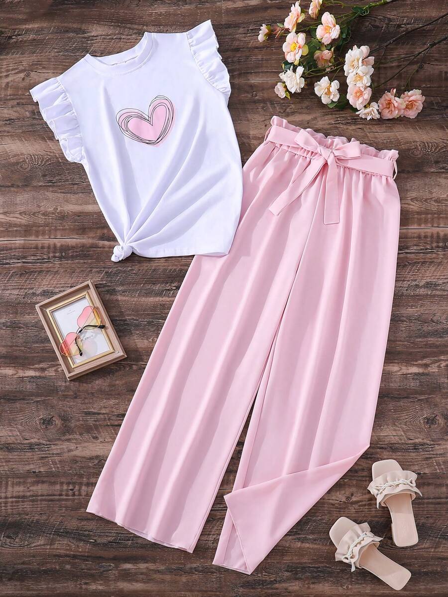 Conjunto De Blusa Con Volantes Y Pantalones Con Cintura Fruncida Para Chicas Adolescentes - Rosa vieja - Ver 1