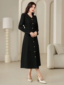 Modelyn 純色鈕扣裙 - 黑色 - 查看 4