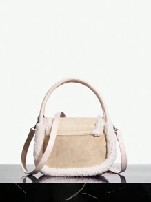 SHEIN SXY Button Detail Plush Flip Flap Saddle Bag - Pink - View 4