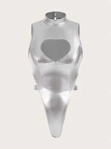 SHEIN ICON Women's Metallic Look High Cut Bodysuit - Silver - View 1