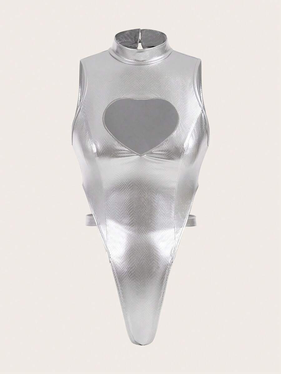SHEIN ICON Women's Metallic Look High Cut Bodysuit - Silver - View 1