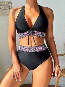 女士花卉印花前结式吊带上衣和高腰三角比基尼泳裤套装狂欢节，适合夏季海滩度假 - 黑色 - 查看 4