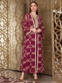 Al Najma 勃艮第红色女士花卉刺绣夹克和连衣裙套装，摩洛哥长袍，优雅奢华晚会风格 - 酒紅色 - 查看 5