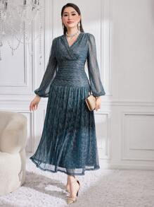 Modelyn Wrap Lantern Long Sleeve Dress Long Evening Dresses - Blue - View 7