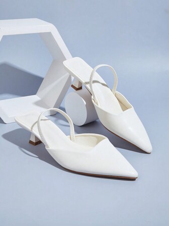 秋冬婚礼派对优雅时尚休闲简约白色尖头踝带高跟鞋，优雅猫跟鞋，穆勒鞋