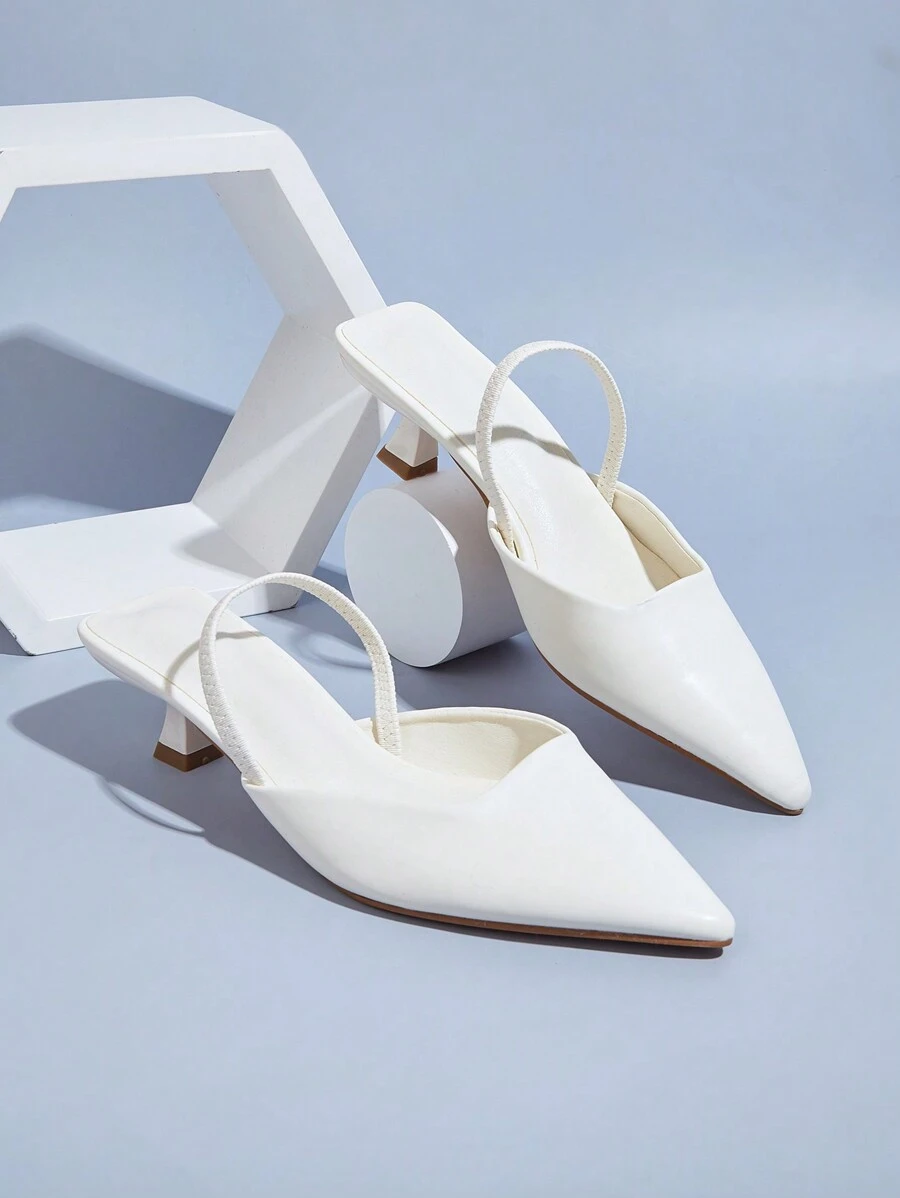 婚礼派对优雅时尚休闲简约白色尖头踝带高跟鞋，优雅，猫跟，穆勒鞋，夏季穿搭 - 白色 - 查看 1