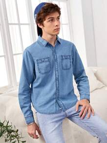 青少年男孩復古基礎款輕藍色洗水輕盈舒適寬鬆牛仔襯衫 - 淺色水洗藍 - 查看 3