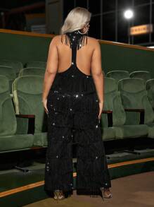 SHEIN SXY Plus Size Glitter Sequin Tassel Backless Jumpsuit - Black - View 1