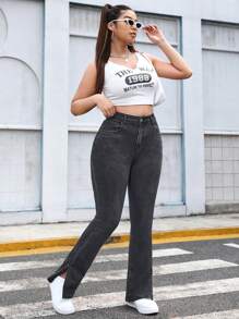 SHEIN EZwear Của phụ nữ Kích thước lớn Khe nứt bên Pháo sáng Quần jean - Xám - Xem 4