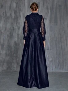 Đầm dài tay ren cổ sơ mi nữ, thắt lưng satin, thanh lịch cho mẹ cô dâu - Màu xanh hải quân - Xem 2