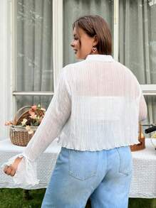 SHEIN EZwear Plus Size Tie Front Lettuce Trim Bell Sleeve Blouse - White - View 2