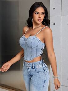 SHEIN SXY 女性剪裁牛仔破洞背心背心上衣 - 藍色 - 查看 6