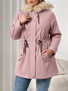 Vionelle Plus Fuzzy Trim Drawstring Teddy Lót Parka Áo khoác đệm, cho quần áo mùa đông - Hồng - Xem 5