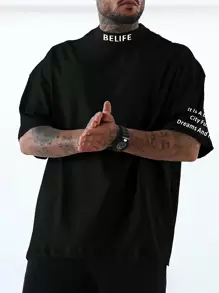 Coreblaze 男士加大码字母标语印花立领休闲短袖 T 恤，适合外出男士加大码 T 恤超大 T 恤男士街头服饰街头服饰衬衫 - 黑色 - 查看 1