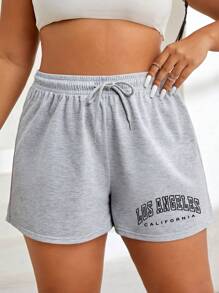 INAWLY Plus Letter Graphic Drawstring Waist Shorts
