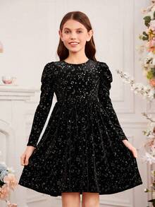SHEIN Tween Girls' Knitted Starry Sky Pattern Leg Of Mutton Sleeve Fitted Round Neck Casual Dress - Black - View 3