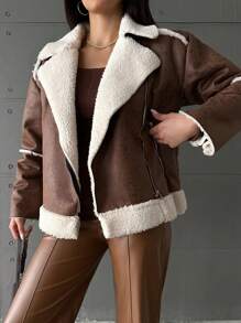 EURMUSE Women'S Teddy Fur Lined Zipper Front Regular Fit Jacket - Brown - View 1