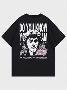 ROMWE MEN Street Life Men's Short Sleeve T-Shirt Printed With Gypsum Portrait, Suitable For Spring And Summer