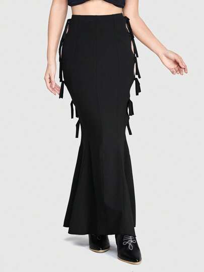 Goth Women'S Hollow Out Design With Asymmetrical Hem And Ruffle Trim Skirt
