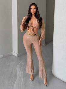 SHEIN SXY V-Neck Self-Tie Blouse And Chain Decor Flared Pants Two Piece Set - Khaki - View 3