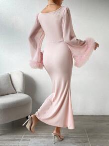 Chiquease 女式喇叭毛袖下摆鱼尾连衣裙长款女装 - 淺粉色 - 查看 2