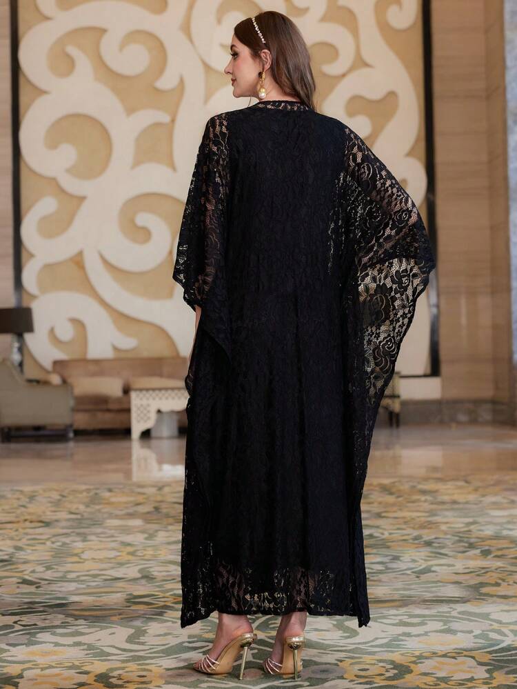 Floral Embroidery Lace Joint Two-Piece Suit Kaftan & Jalabiya Dress, Elegant Luxury Evening Party Style